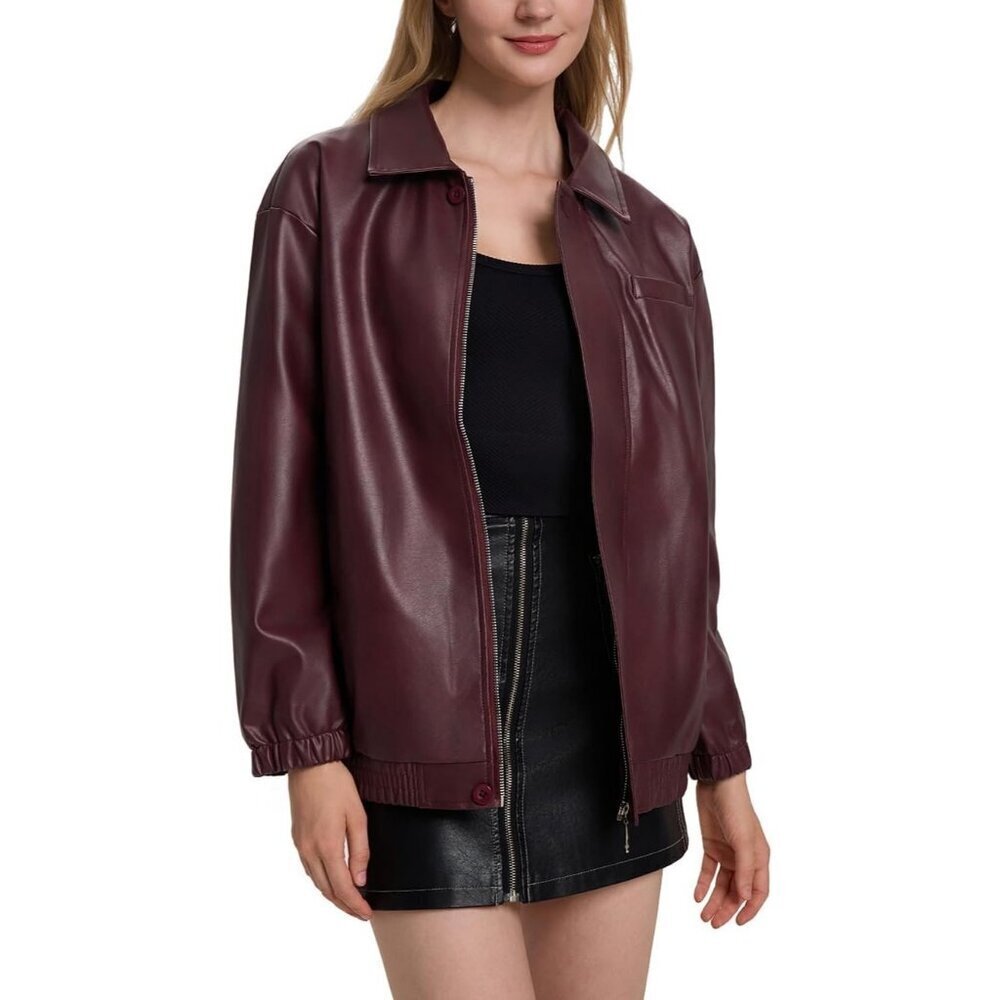 🆕Women's Burgundy Faux Leather Zip-Up Jacket with Elastic Cuffs and Collar